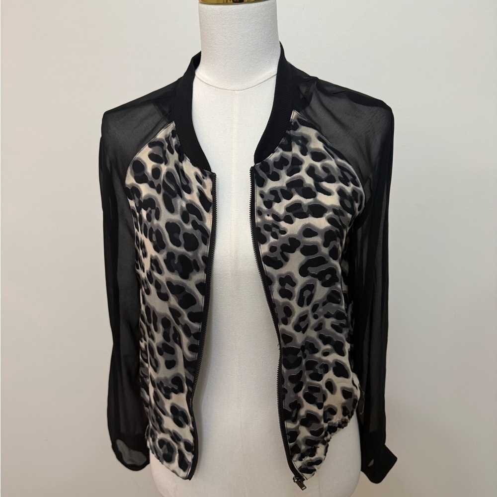 Leopard Print Sheer Sleeve Bomber Jacket Grunge Y2K - Picture 2 of 8